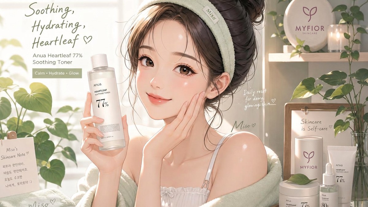 Woman applying Anua Heartleaf 77% Soothing Toner in a plant-filled bathroom, with Myfior skincare products displayed on a shelf, promoting hydrating and soothing skincare