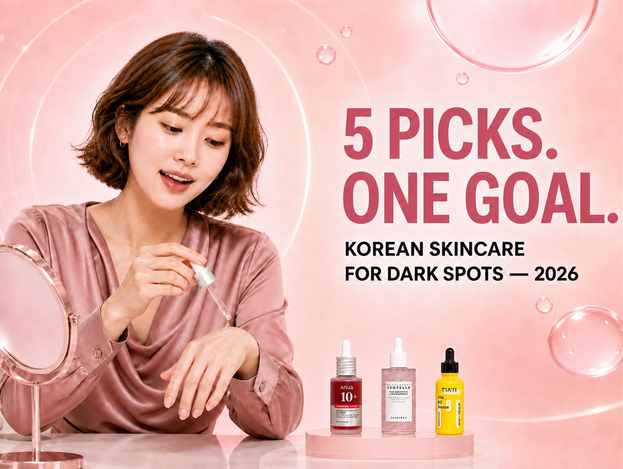 Miso demonstrating serum beside three Korean skincare picks for dark spots in 2026.